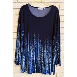 Susan Graver Women Sz XL Blue Liquid Knit Long Sleeve Border Print Tunic Top